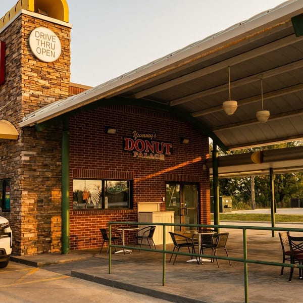 Yummy’s Donut Palace storefront with covered outdoor seating, drive-through sign, and a white pickup truck parked outside.