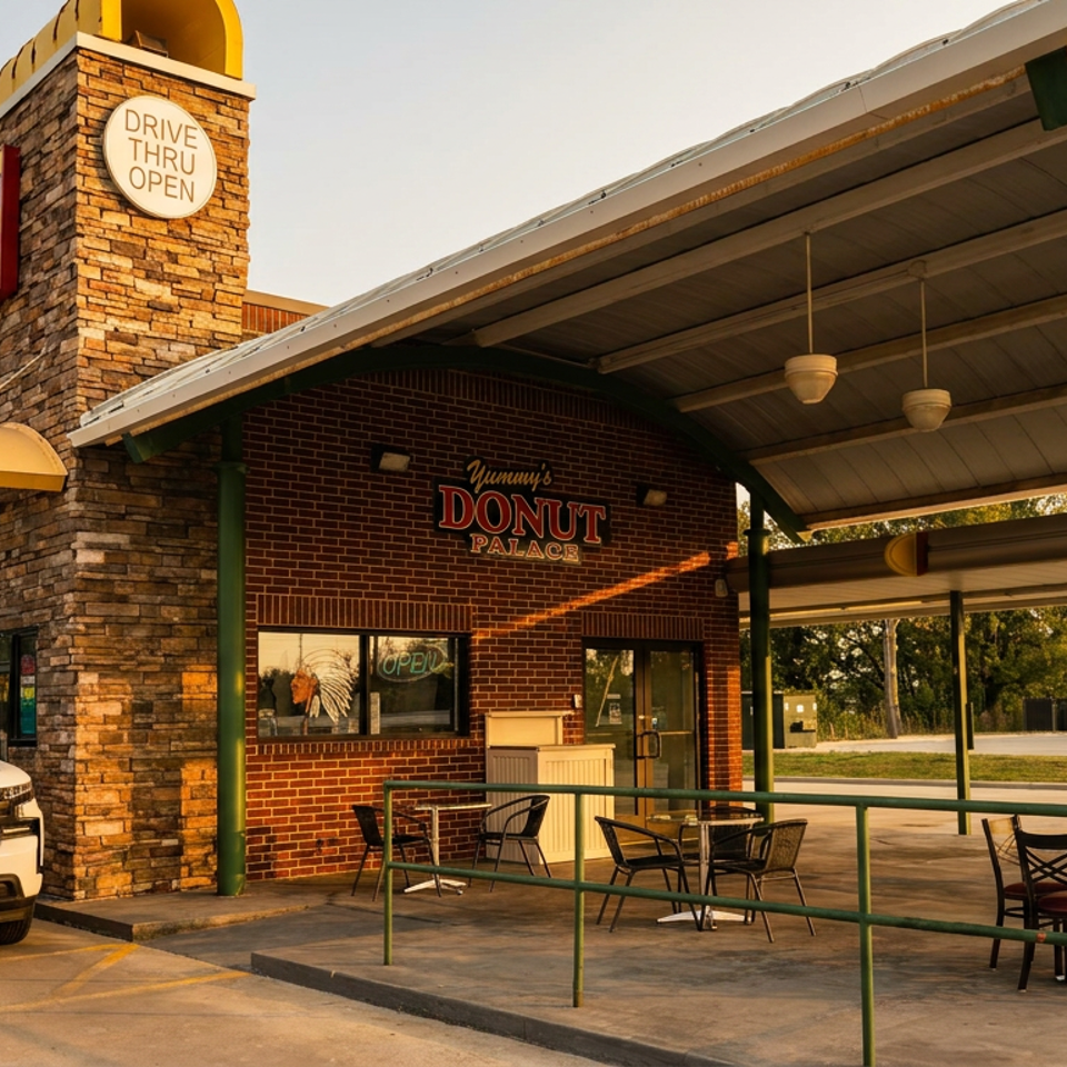 Exterior of Yummy’s Donut Palace with drive-through, covered outdoor seating, and a parked white pickup truck.