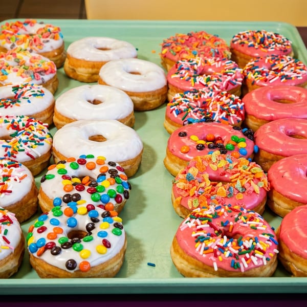 Tray of assorted donuts with white and pink icing, colorful sprinkles, and candy toppings on a restaurant table.