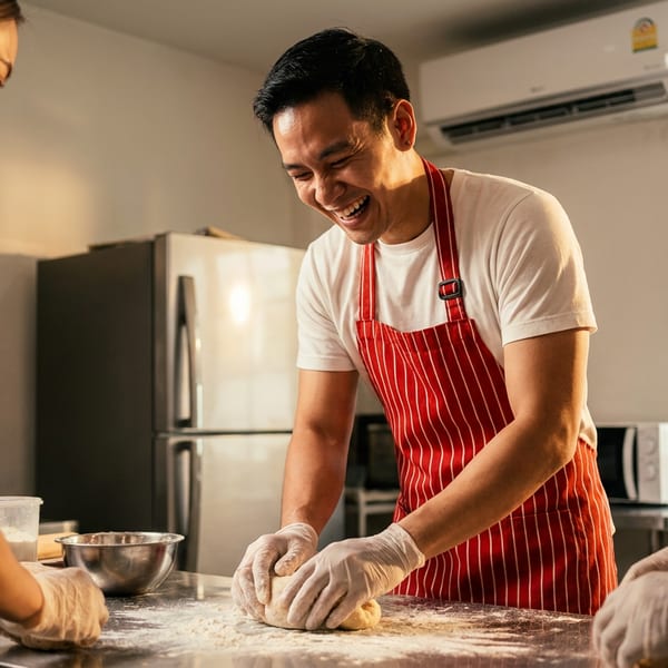 Three people wearing aprons and gloves prepare dough together on a flour-covered kitchen counter.