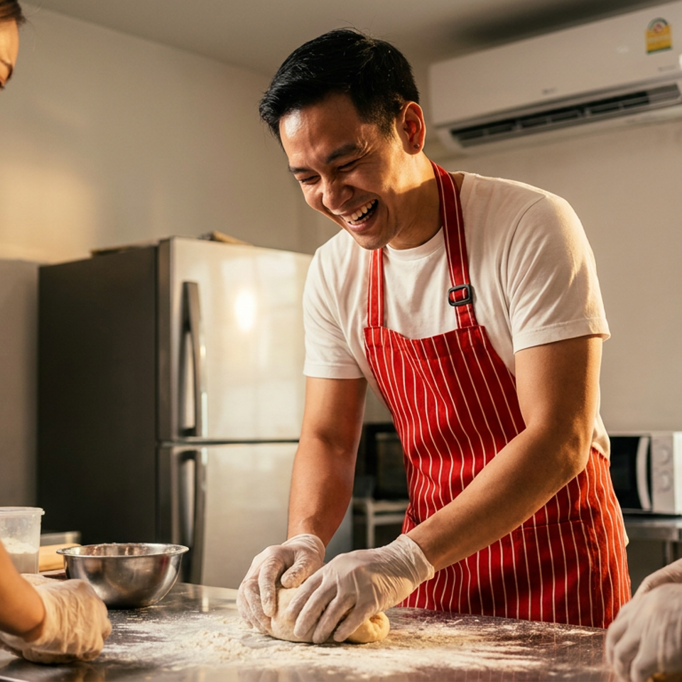 Three people wearing aprons and gloves prepare dough together on a flour-covered kitchen counter.