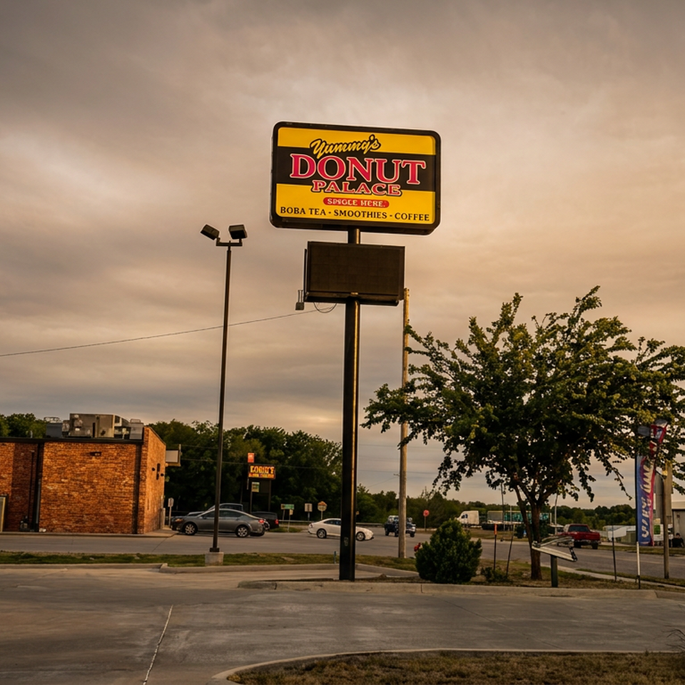 Yummy's Donut Palace roadside sign stands above an empty parking lot, with trees, brick buildings, and cloudy evening skies.