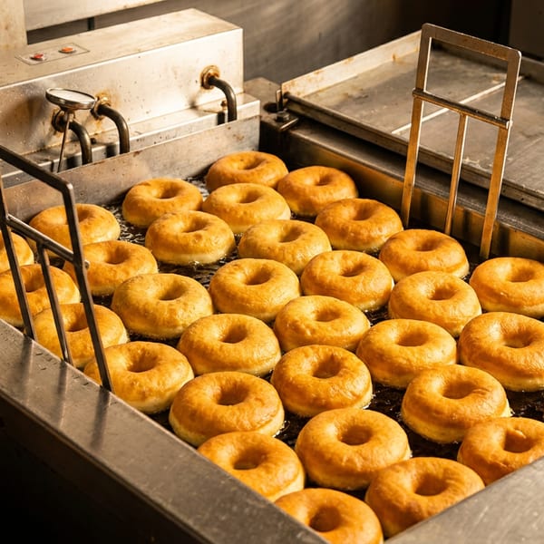 Golden ring-shaped doughnuts frying in rows inside a commercial deep fryer.