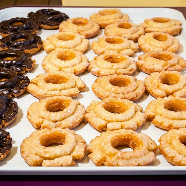 Tray of ring-shaped pastries, including chocolate-glazed and golden sugar-coated varieties, arranged on a white serving platter.