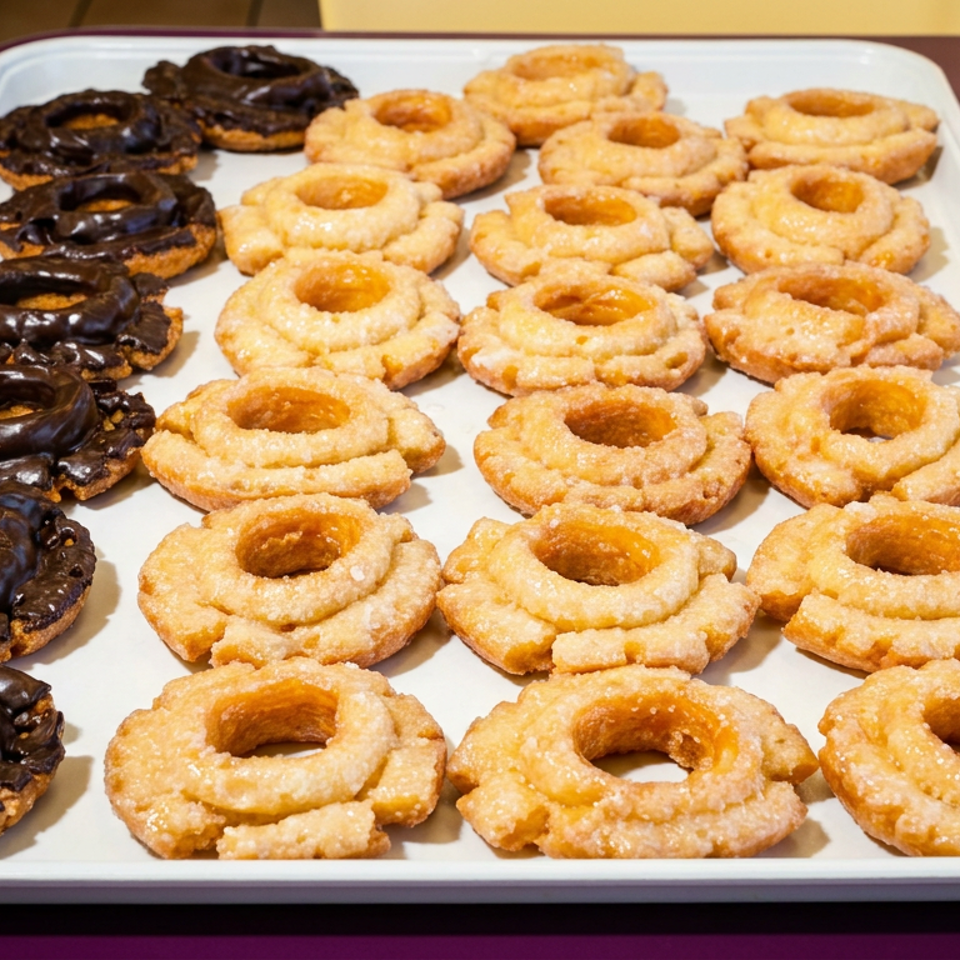 Tray of ring-shaped pastries, including chocolate-glazed and sugar-coated varieties, arranged on a restaurant table.
