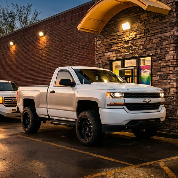 Two white pickup trucks parked outside a warmly lit brick and stone restaurant at dusk.
