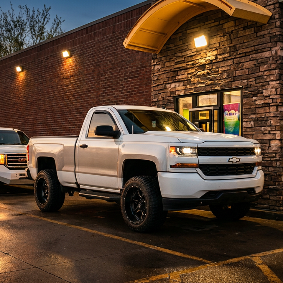 Two white pickup trucks parked outside a warmly lit brick and stone restaurant at dusk.