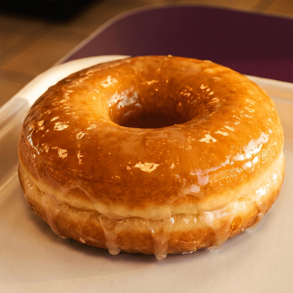 Glazed ring doughnut with icing dripping between its layers, resting on a white tray in a warmly lit restaurant.