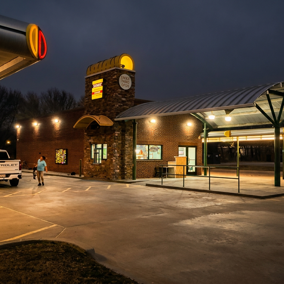 A warmly lit drive-through restaurant at dusk, with covered lanes, brick exterior, illuminated signs, and a parked Chevrolet pickup.