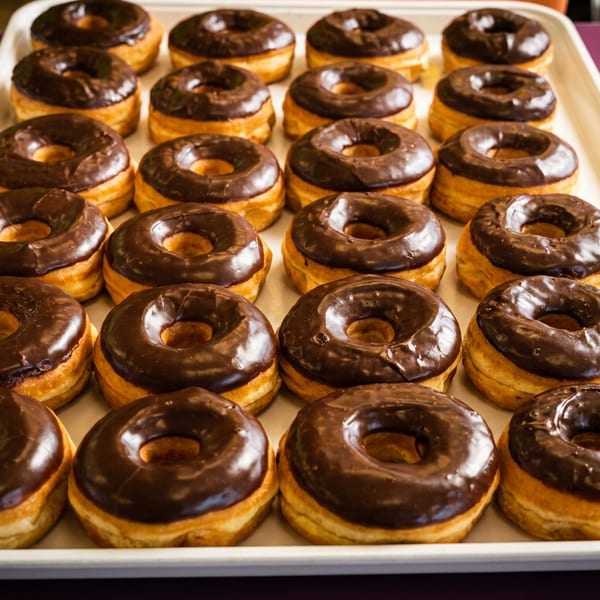 Tray of freshly baked ring doughnuts covered in glossy chocolate glaze.