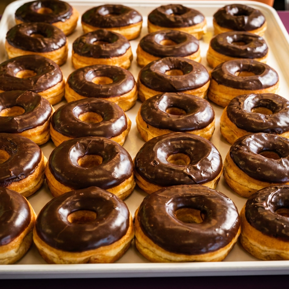Tray of freshly baked ring doughnuts covered in glossy chocolate glaze.