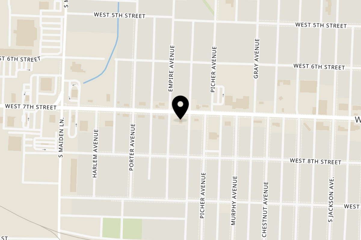 Map showing the location of Yummy's Donut Palace Joplin on 1218 W 7th St in Joplin