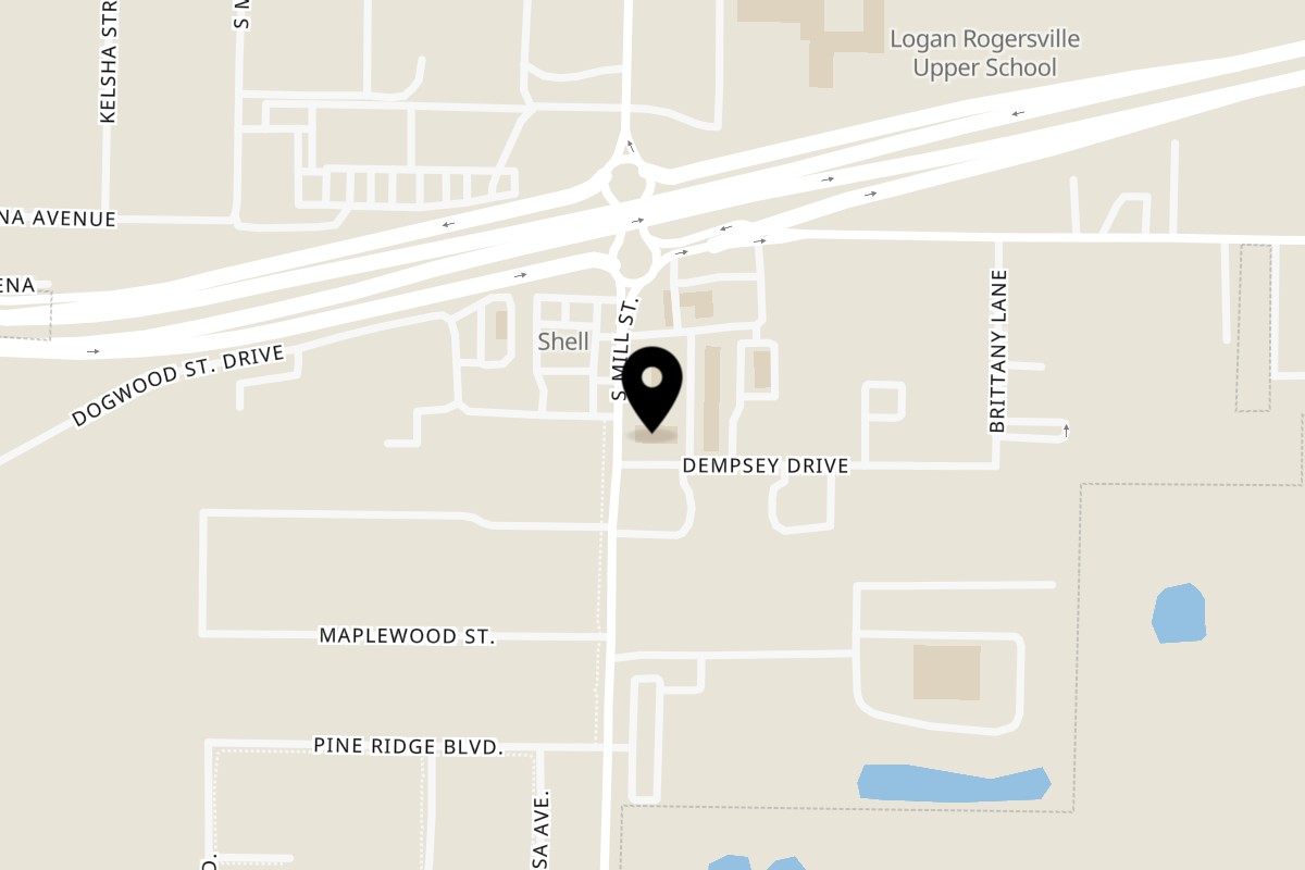 Map showing the location of Yummy's Donut Palace Rogersville on 432 S Mill St in Rogersville